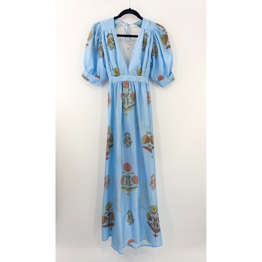 B43 Hannah Artwear Surya Floral Silk Maxi Dress Womens 1 US 6 Blue Puff Sleeve - Picture 4 of 15